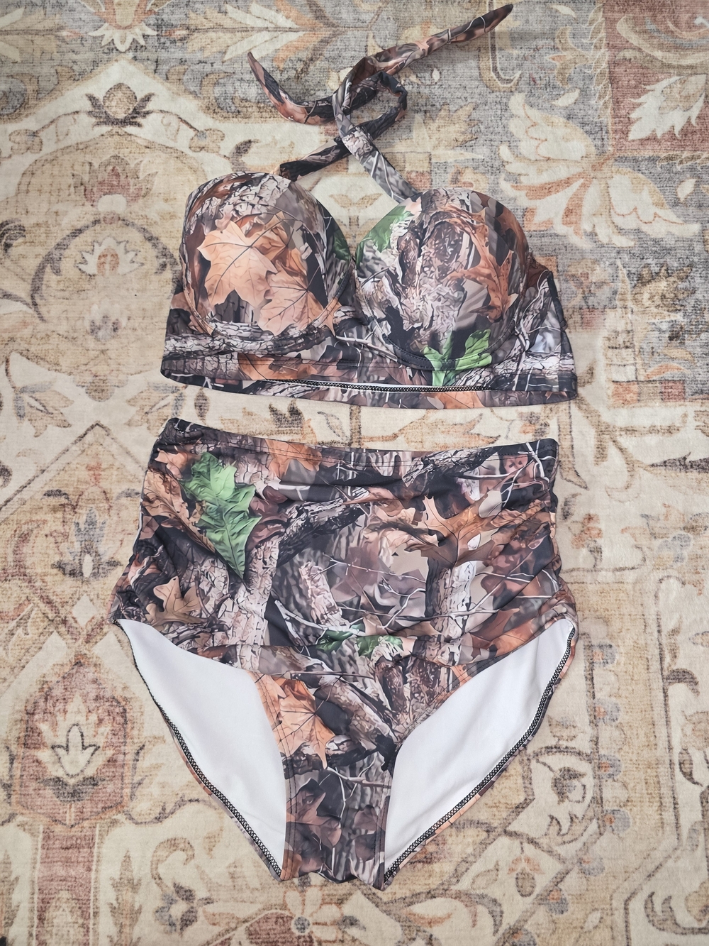 High-Waist Leaf Camo Bikini Set - Green/Brown